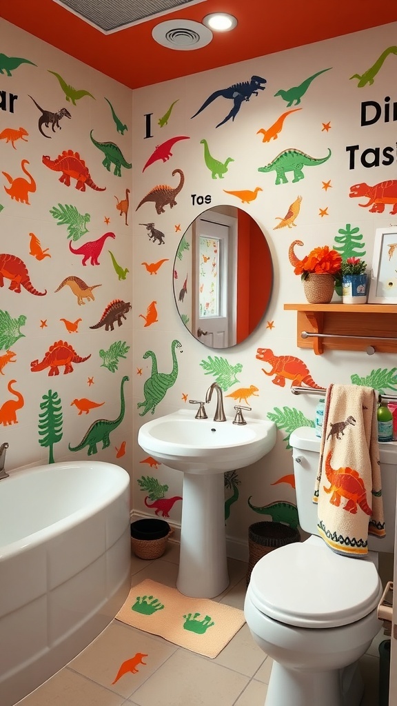 A colorful dinosaur-themed bathroom with vibrant wall decals, orange ceiling, and themed accessories.