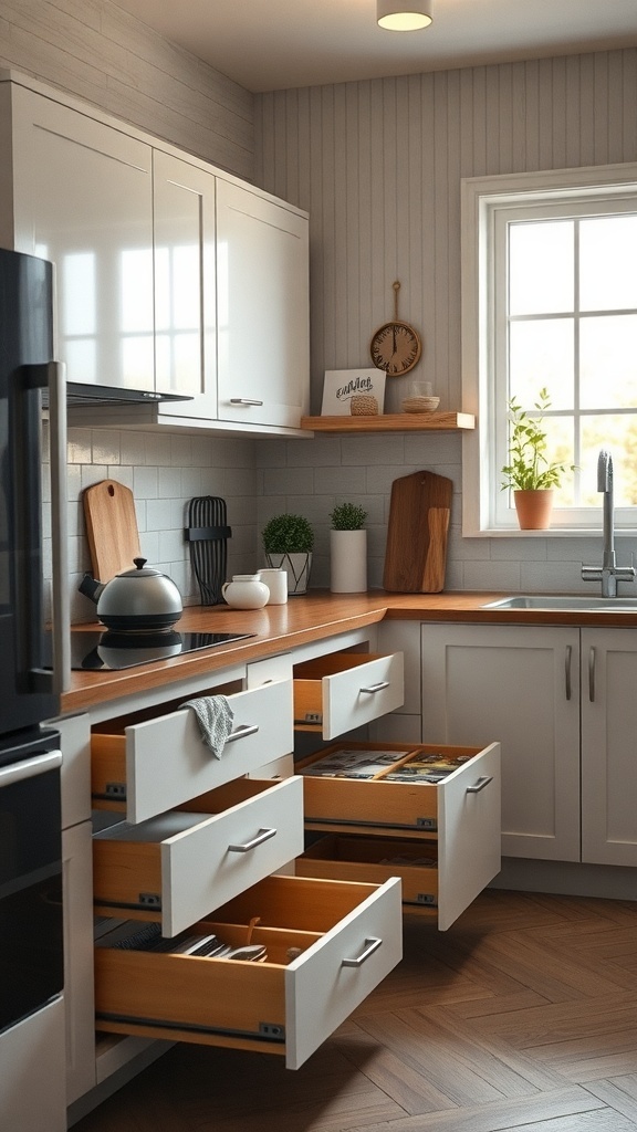 Modern kitchen with stylish storage drawers and organized compartments