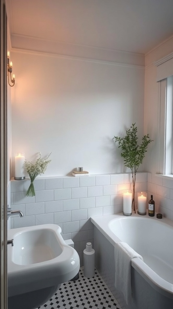 A serene bathroom with soft lighting, candles, and plants, creating a peaceful atmosphere.