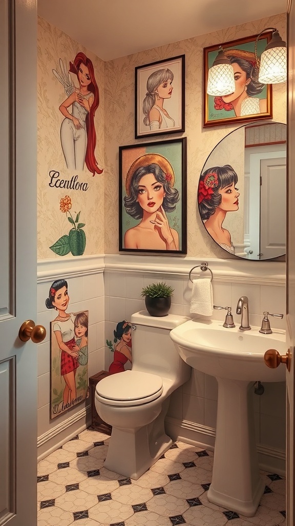 A bathroom decorated with artistic wall art featuring illustrations of women, creating a playful and inviting atmosphere.