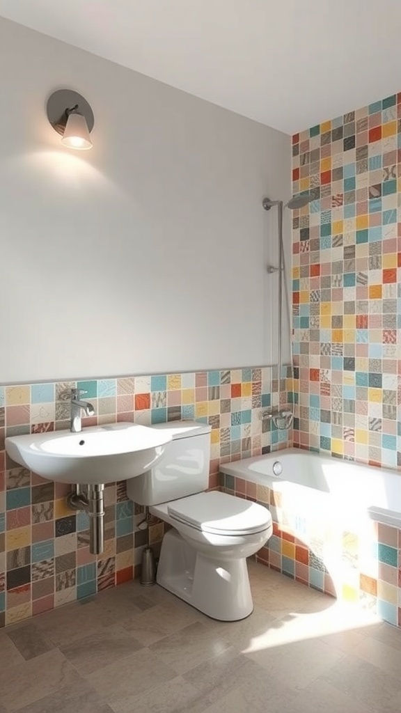 A bathroom featuring colorful tile accents on the wall, with a modern sink and toilet.