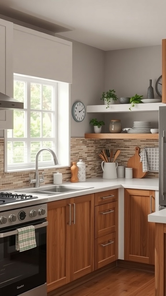 A modern kitchen with a recycled tile backsplash and wood cabinets, showcasing sustainable design.