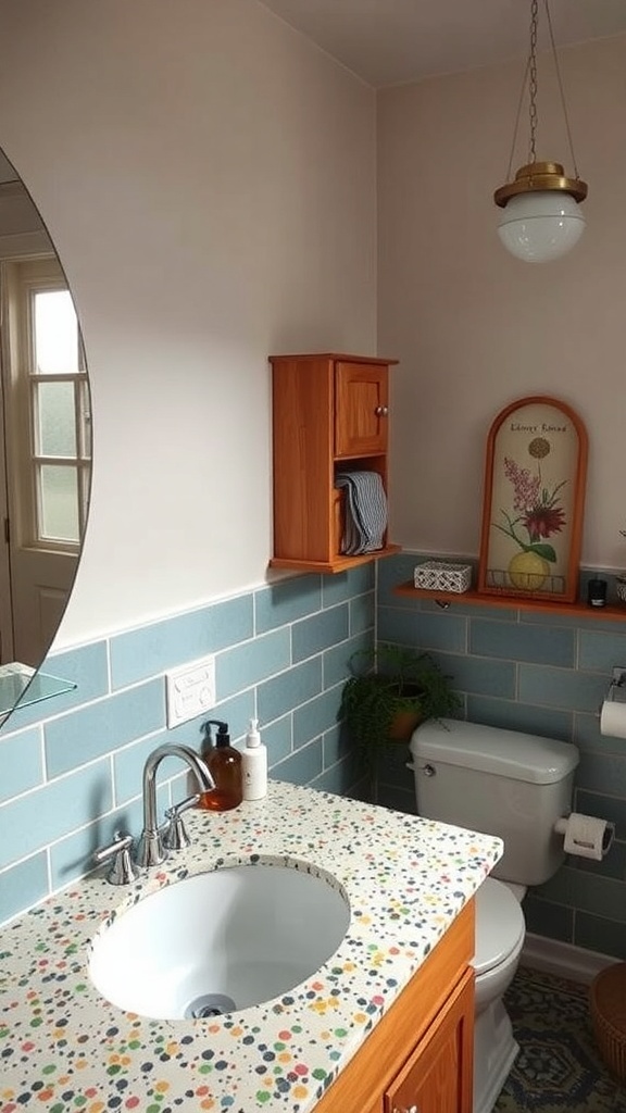 A bathroom with a colorful terrazzo countertop, blue tiles, and wooden cabinetry.