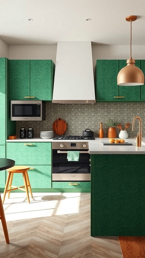 A modern kitchen featuring bold patterned green cabinets, a white countertop, and warm wood accents.