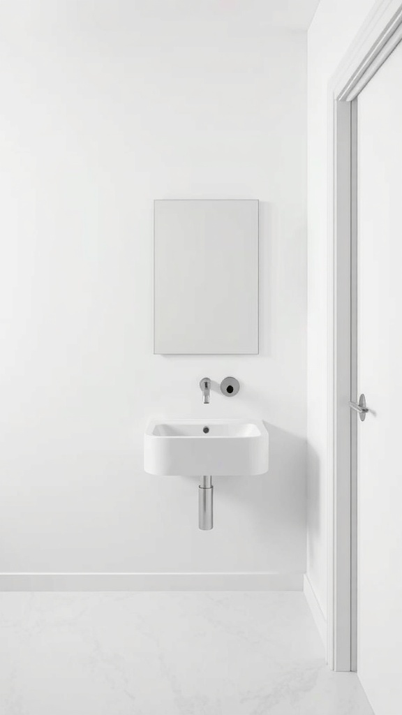 A minimalist men's bathroom featuring a wall-mounted sink, simple mirror, and white walls.