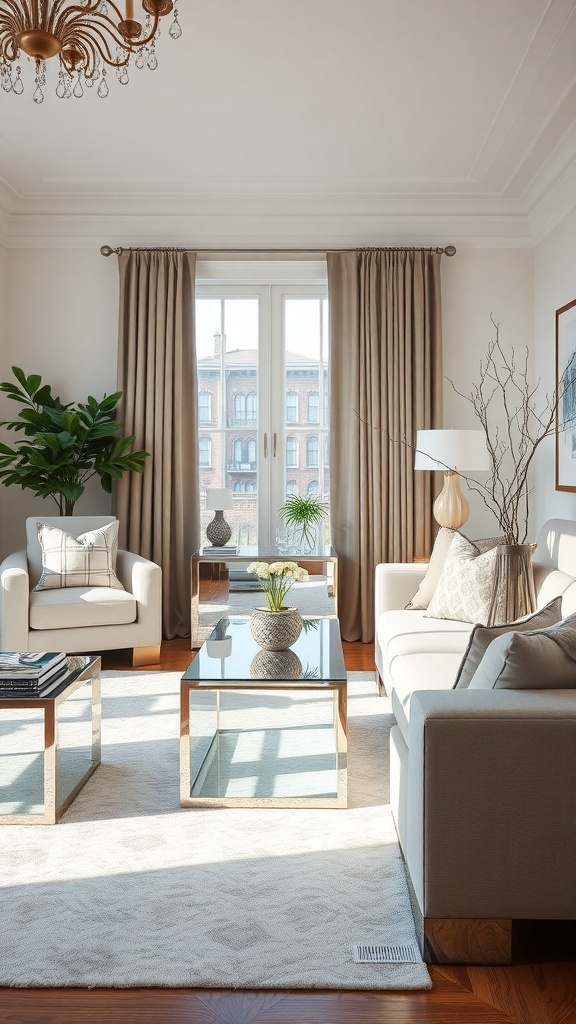 A stylish living room with mirrored furniture accents, featuring a coffee table and soft seating.