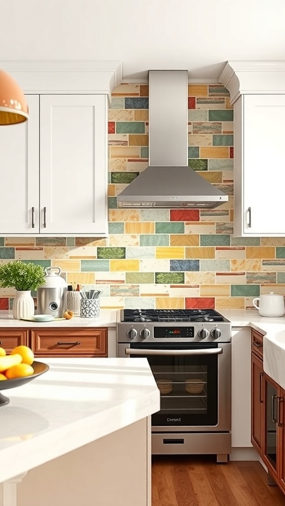 Colorful kitchen backsplash with a mix of warm and cool tones behind a stove.
