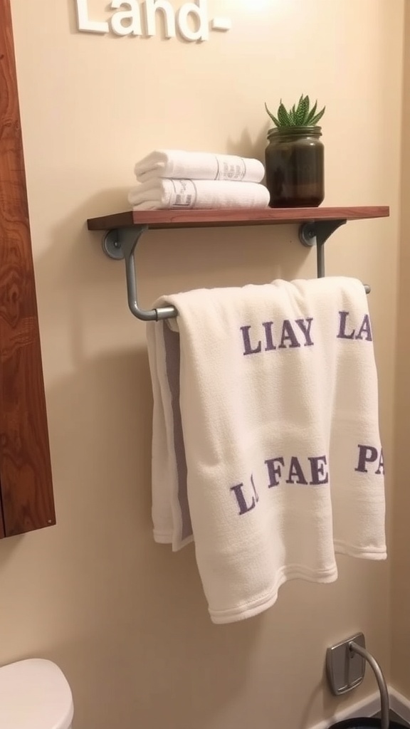 A towel rack made from a wooden shelf and metal pipes, displaying folded towels and a small plant.