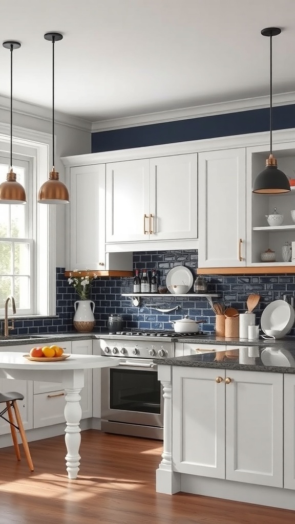 A stylish kitchen featuring white cabinets, navy tiles, and warm wood flooring.