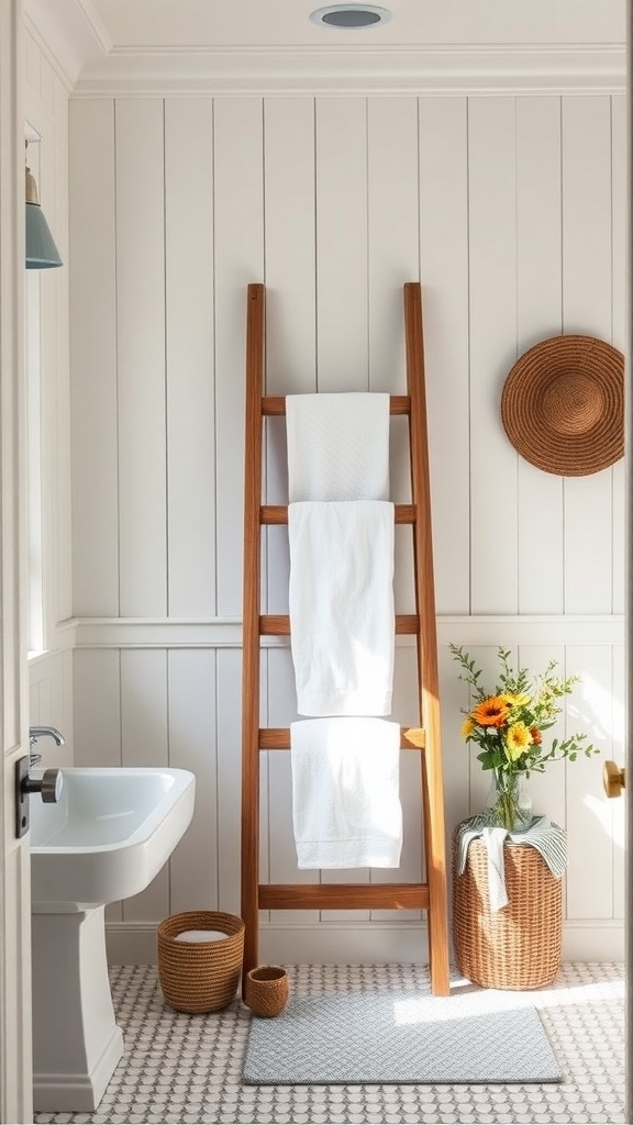 A wooden ladder with towels hanging in a bright farmhouse bathroom, complemented by a flower vase and woven baskets.