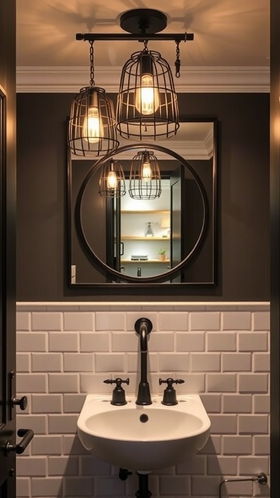 Industrial bathroom with caged light fixtures above a sink and a round mirror