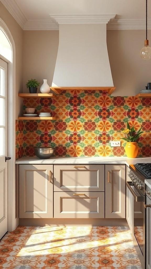 A kitchen featuring bright colored encaustic tiles as a backsplash, with warm tones and rustic elements.