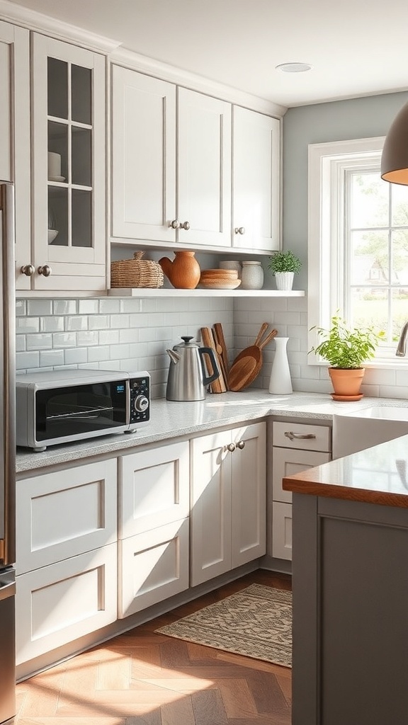 A modern kitchen featuring an appliance garage with white cabinetry, open shelving, and decorative accents.