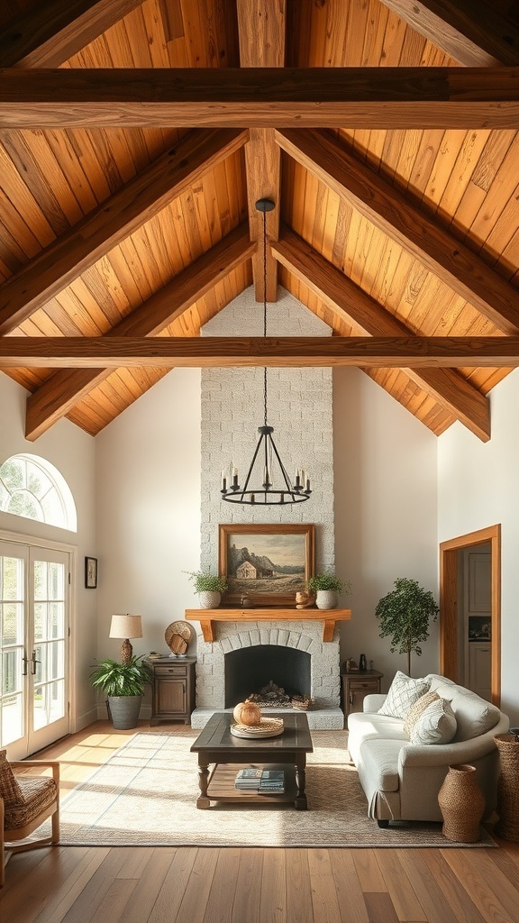 A cozy farmhouse living room featuring wooden beam accents, a fireplace, and natural light.