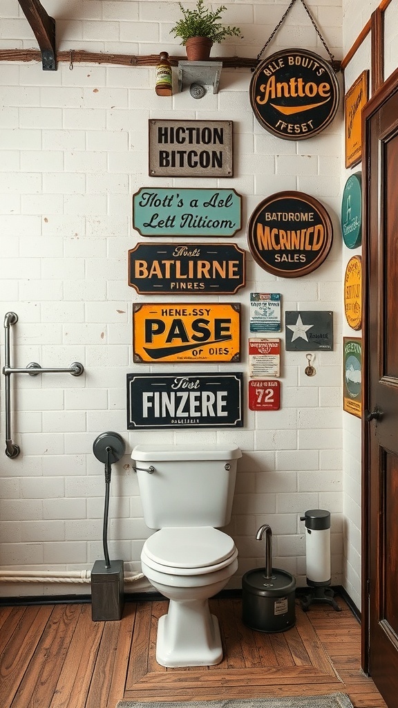 A collection of vintage signs and advertisements on a bathroom wall above a toilet.