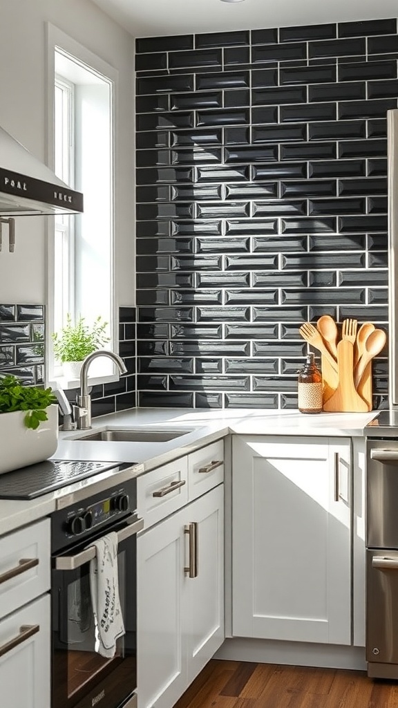 A modern kitchen featuring a black vinyl wrap backsplash with white cabinets and a sleek countertop.