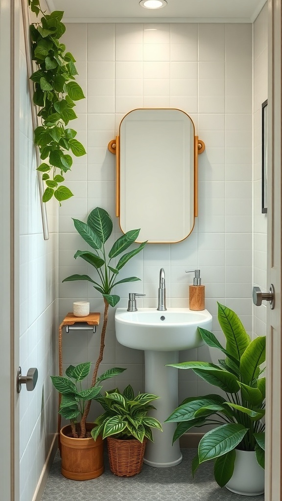 A cozy bathroom featuring various sage green plants, a round mirror, and modern fixtures.