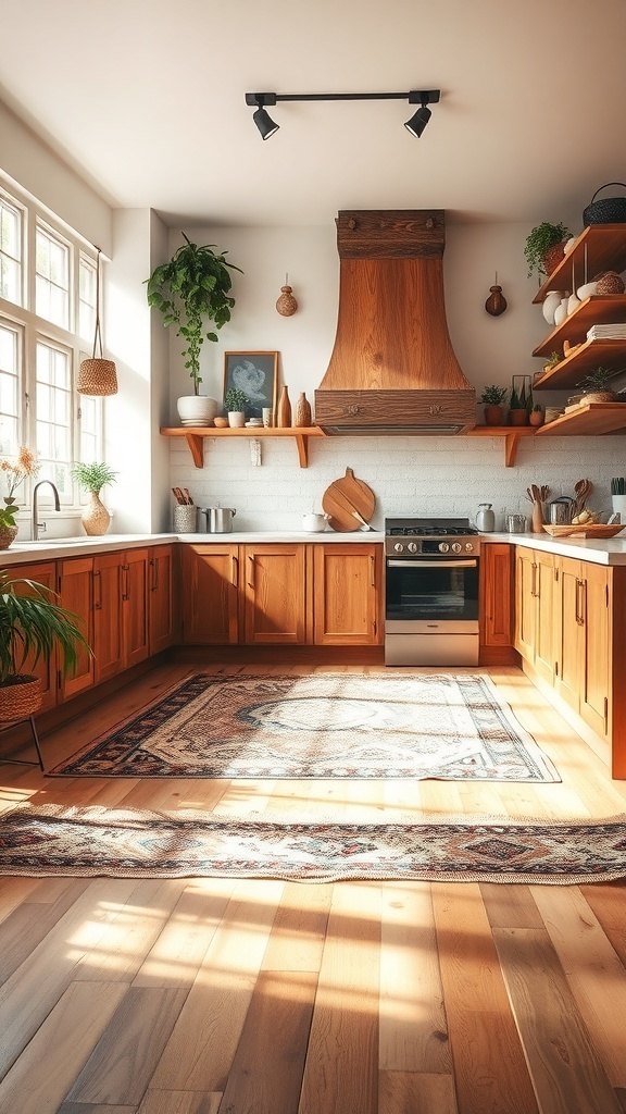 A cozy boho kitchen with wooden cabinets and layered rugs, showcasing warm tones and natural materials.