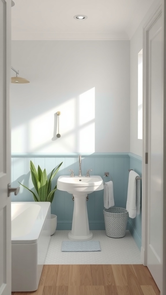 A serene bathroom with light blue walls, white fixtures, and a plant, creating a calming atmosphere.