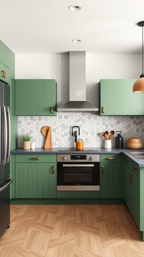 Modern kitchen with green cabinets and wood accents
