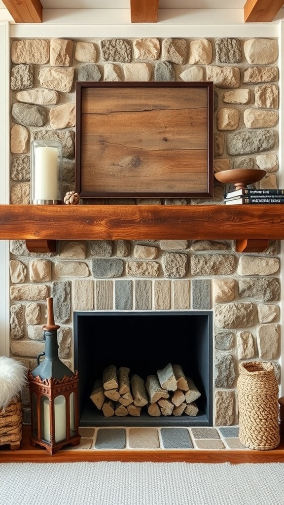 A textured stone fireplace with a wooden mantel, decorated with candles and books, in a farmhouse living room.