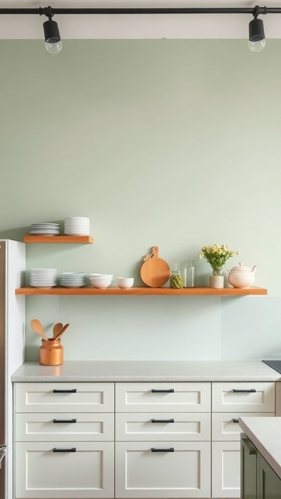 A kitchen with a pale green painted wall, wooden shelves, and white dishes.