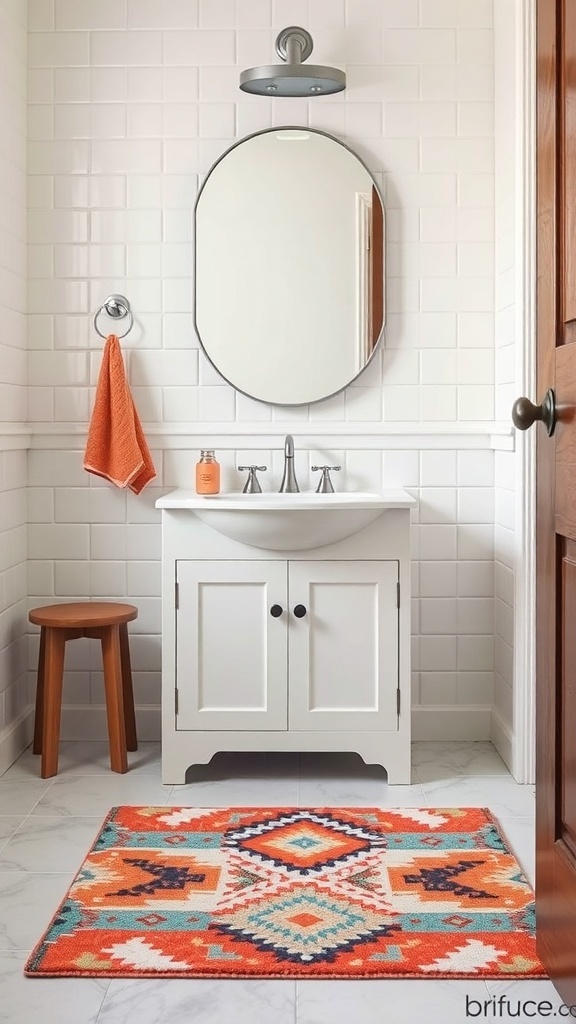Colorful patterned accent rug in a bright bathroom setting