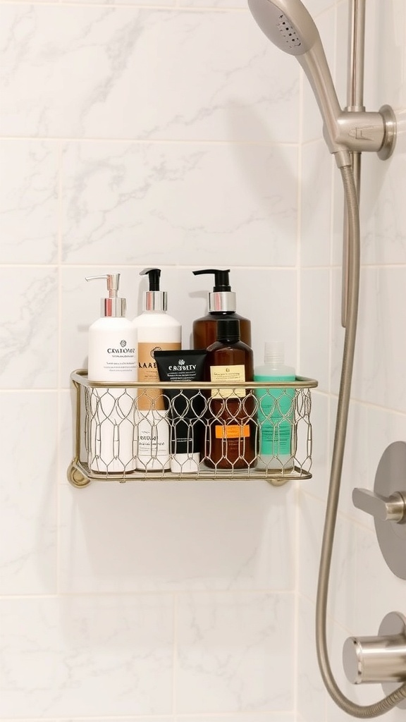 A stylish shower caddy with various bottles in a modern bathroom setting.