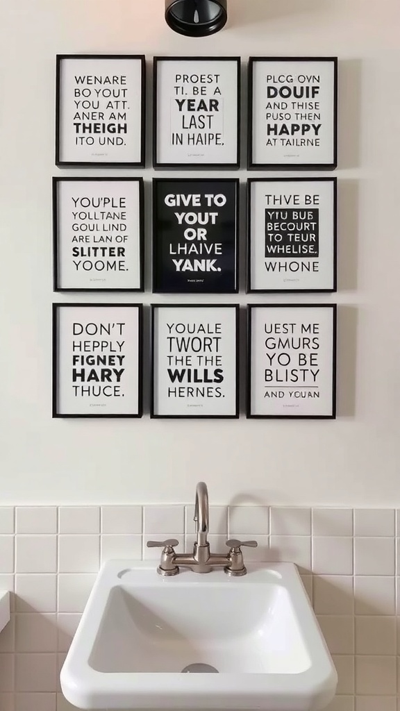 A collection of framed inspirational quotes on a bathroom wall above a sink.