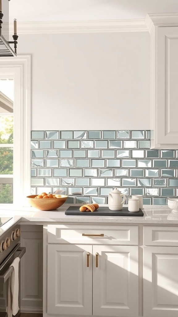 Antique mirror tile backsplash in a farmhouse kitchen with white cabinets and a bowl of fruit.