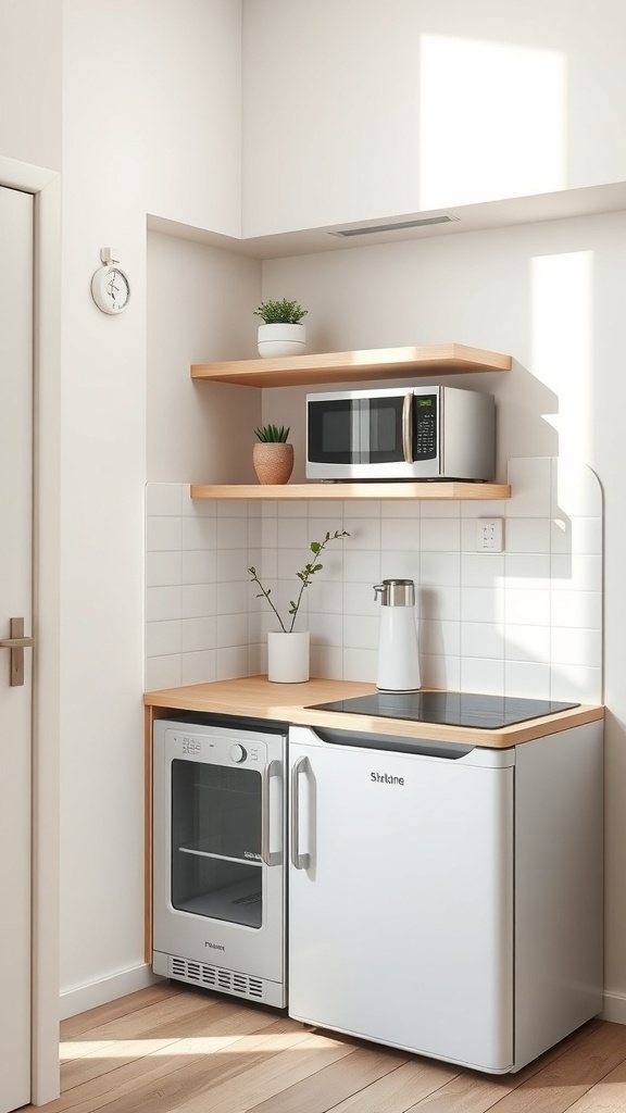 A small kitchen with compact appliances, bright natural light, and a space-saving layout featuring a microwave, refrigerator, and wall-mounted shelves.