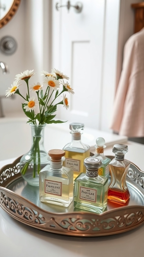 A vintage tray displaying various vintage perfume bottles and a vase of daisies.