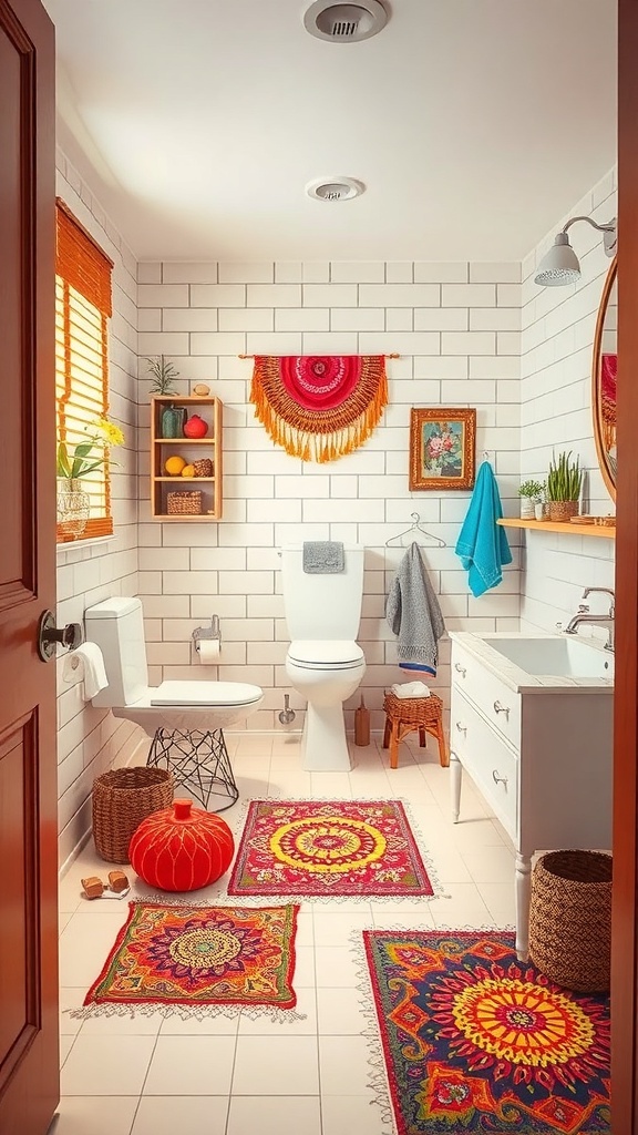A colorful and inviting bathroom featuring vibrant rugs, wall decor, and bright towels.