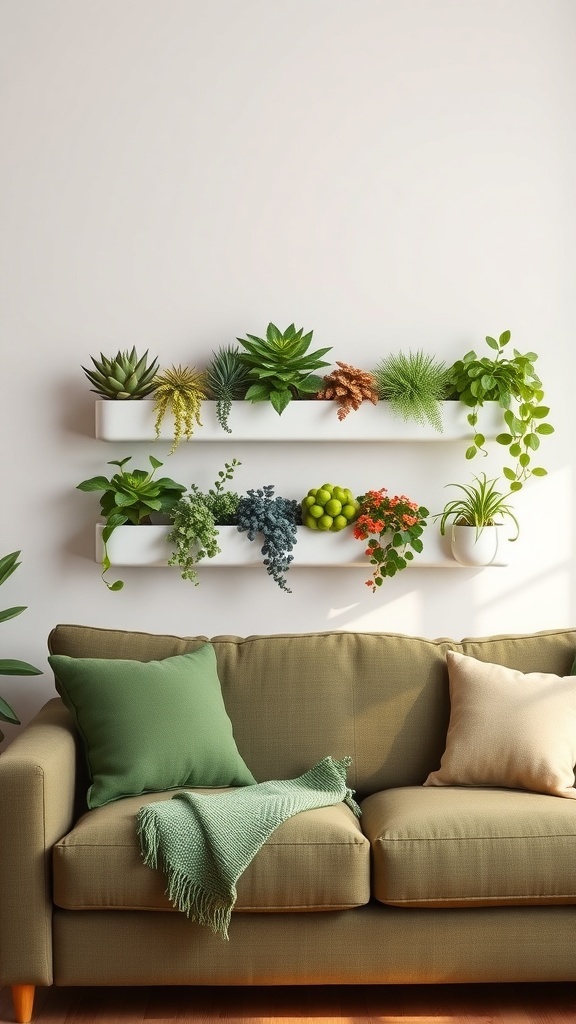 Wall-mounted planters with various plants above a couch