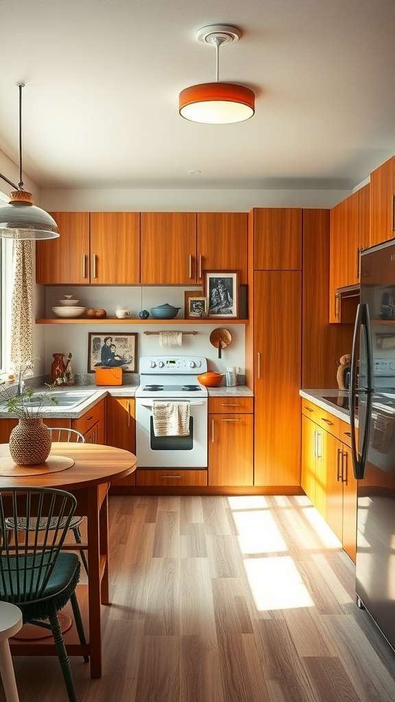 A cozy mid century modern kitchen featuring warm wood cabinets, a round table, and personalized decor.