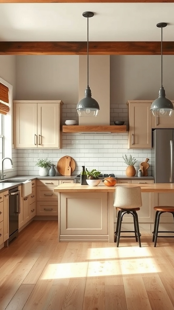 A modern farmhouse kitchen featuring light wood floors, beige cabinets, and pendant lighting.