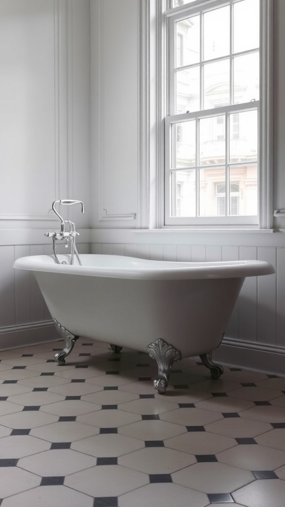 A vintage-style freestanding bathtub with silver feet in a bright bathroom