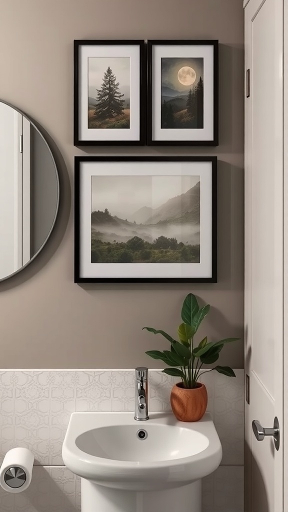 A bathroom featuring unique wall art with nature prints, a round mirror, and a potted plant.