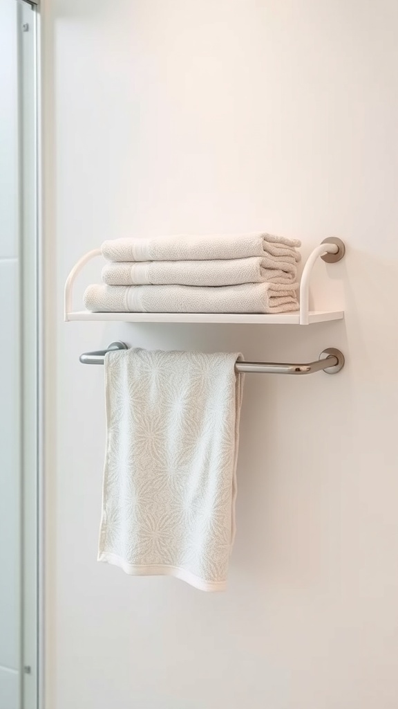 A modern towel rack with stacked towels on a shelf and a hanging towel