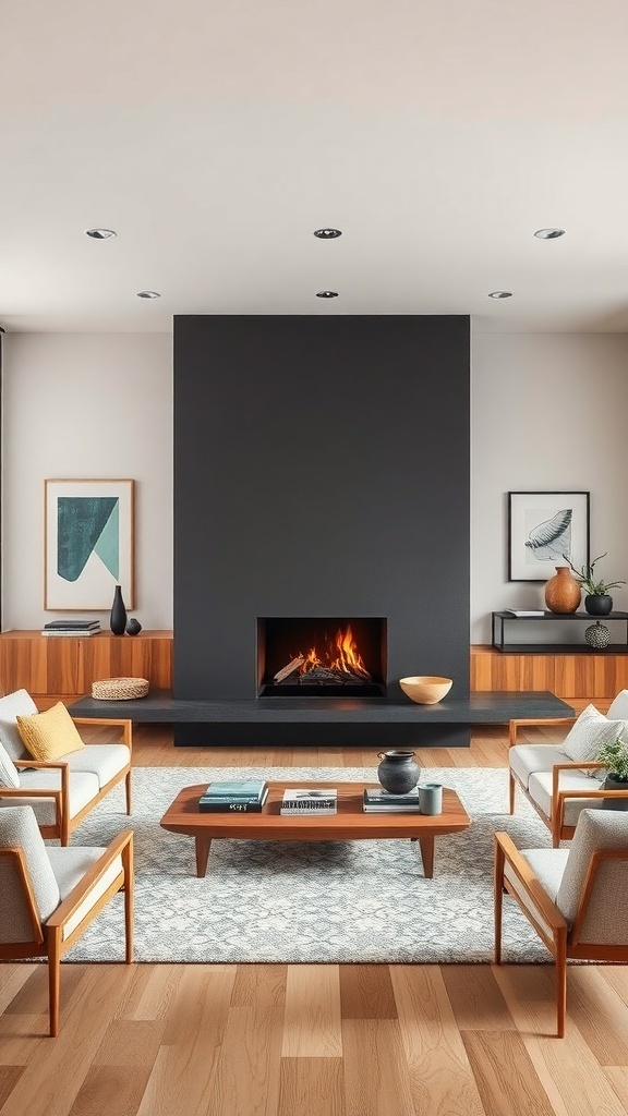 A modern living room featuring a sleek mid-century fireplace, stylish furniture, and warm lighting.