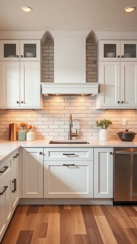 Stylish kitchen featuring a subway tile brick backsplash with white cabinets and wood accents.