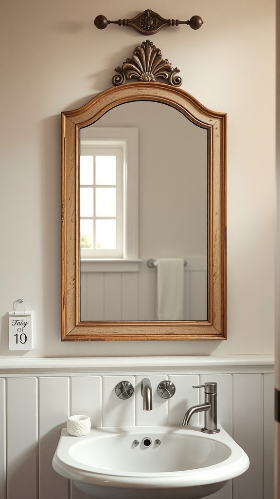 A vintage mirror with a wooden frame and intricate detailing above a modern sink in a farmhouse bathroom.