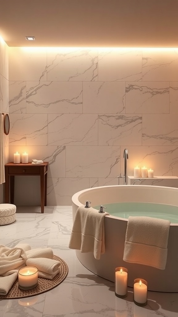 A luxurious bathroom with a round bathtub, candles, and soft towels, creating a spa-like atmosphere.