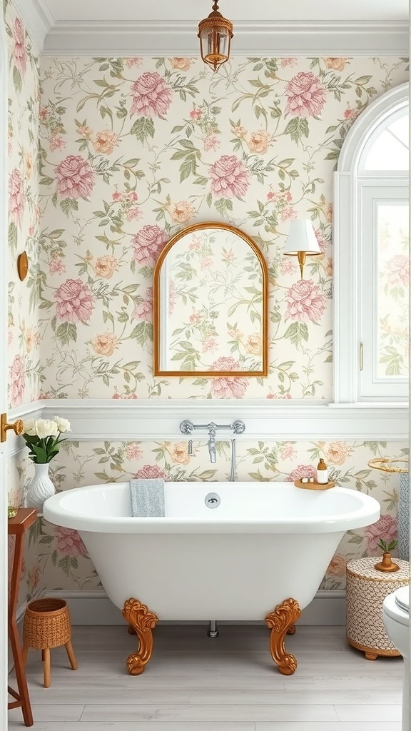 A chic bathroom featuring floral wallpaper, a white bathtub with golden legs, and a round mirror.