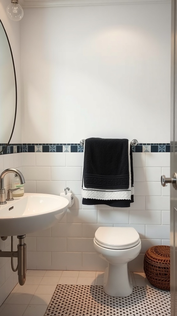 Stylish black and white bathroom with neatly hung towels and modern decor