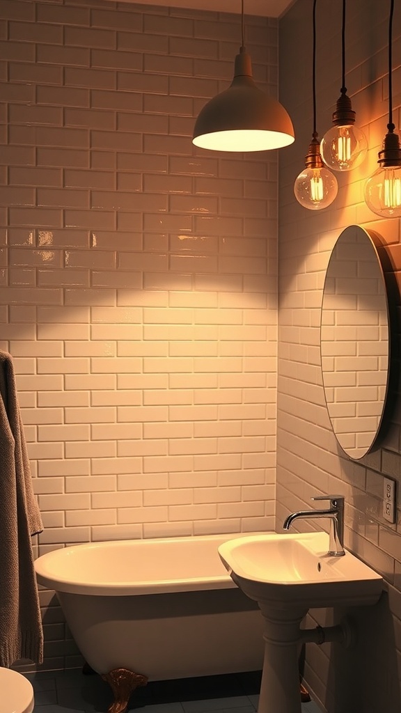 A stylish bathroom with warm lighting fixtures, featuring a bathtub, sink, and mirror.