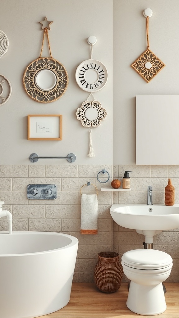 A bathroom with various ceramic wall hangings including mirrors and a clock, showcasing a stylish decor.