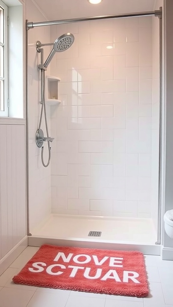 A colorful coral shower mat with the words 'NOVE SCTUAR' in white letters, placed in a bright bathroom setting.