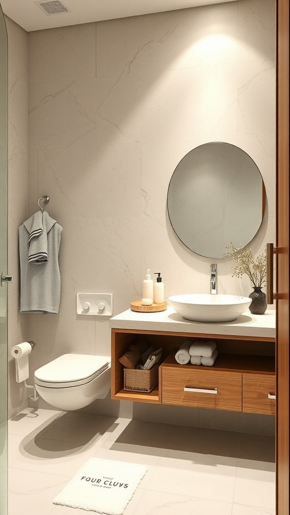 A modern bathroom featuring an integrated storage vanity with wooden drawers and open shelving, a round mirror, and neutral tones.