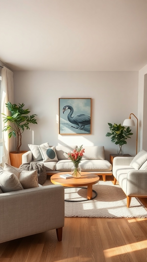 A cozy living room with neutral colors, featuring a swan painting, plants, and a round coffee table.